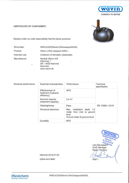 Certificate of Conformity - Wavin LOKA cesspool 5400 L - CoC in accordance with EN 12566-1