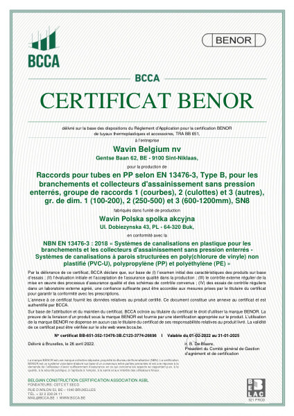 Certificat BENOR PP EN 13476-3 composants X-Stream SN8 C1, C2 et C3 Buk - valable au 31.01.2025