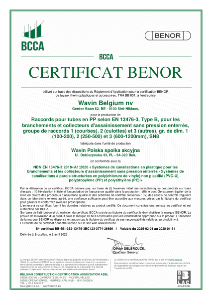 Certificat BENOR PP EN 13476-3 composants X-Stream SN8 C1, C2 et C3 Buk - valable au 31.01.2028