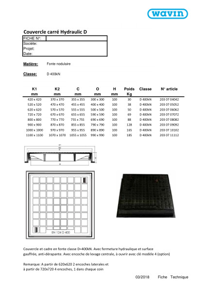 Fiche technique Couvercle carré Hydraulic D