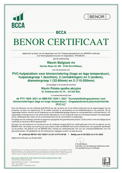 Certificaat BENOR PVC EN 1329 PVC-hulpstukken voor binnenriolering Buk - Geldig tot 31.01.2025