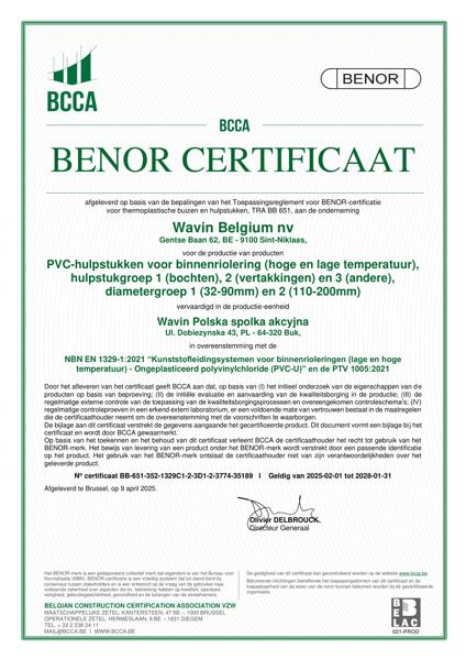 Certificaat BENOR PVC EN 1329 PVC-hulpstukken voor binnenriolering Buk - Geldig tot 31.01.2028