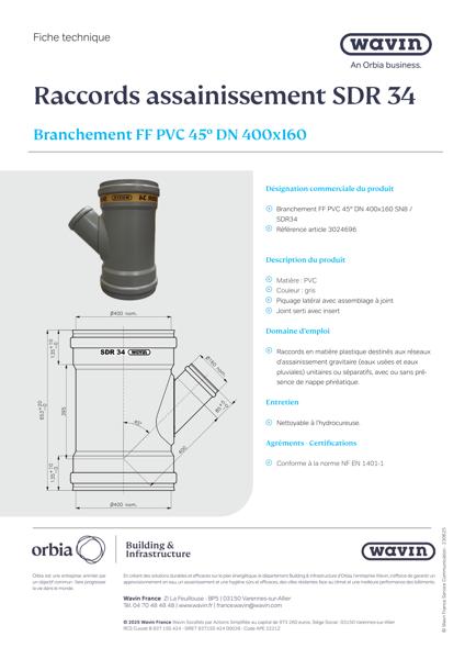Fiche technique SDR34 Branchement FF PVC 45° DN 400x160