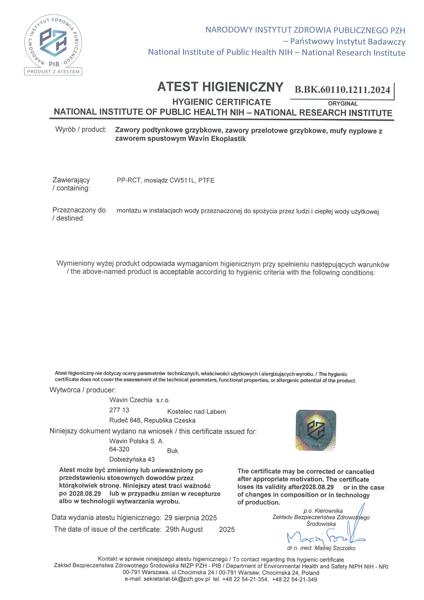 Atest PZH B.BK.60110.1211.2024 Zawory PP-RCT Wavin Ekoplastik