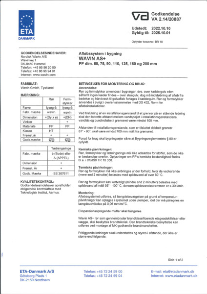 Godkendelse - No. VA 2.14/20887 - Wavin AS+ afløbssystem