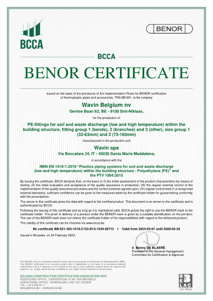 Certificato Benor Wavin PE