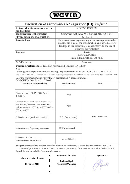 DoP - Air admittance valves