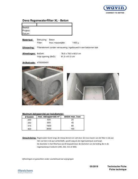 Technische fiche / Fiche technique Regenwaterfilter XL Deva Beton filtre Pluviales