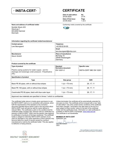 INSTA-CERT - No. 2114 - Blå og sorte PE80 og PE100 trykrør og fittings - incl. PE SafeTech og PEPlus