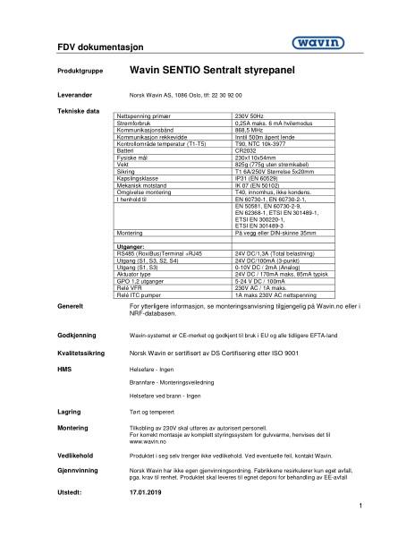 Wavin FDV Sentio sentralt styrepanel