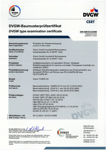 DVGW Baumusterprüfzertifikat Wavin Tigris K5