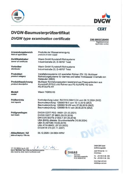 DVGW Baumusterprüfzertifikat Wavin Tigris K5