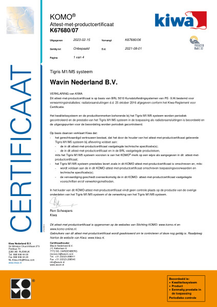 Certificaat KOMO K67680/07 Tigris M1/M5 Systeem Ø14 - 63mm