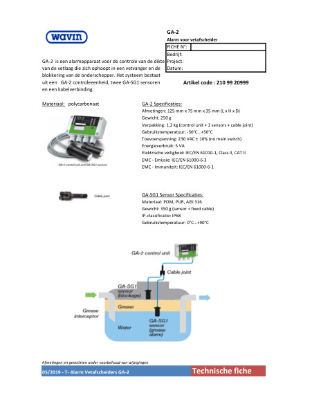 Technische fiche GA-2 Alarm voor vetafscheider