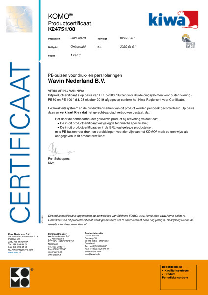 Certificaat KOMO K24751/08 PE-buizen voor druk- en persrioleringen