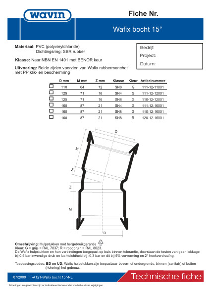 Technische fiche PVC Wafix bocht 15°/ Fiche technique PVC coude 15°