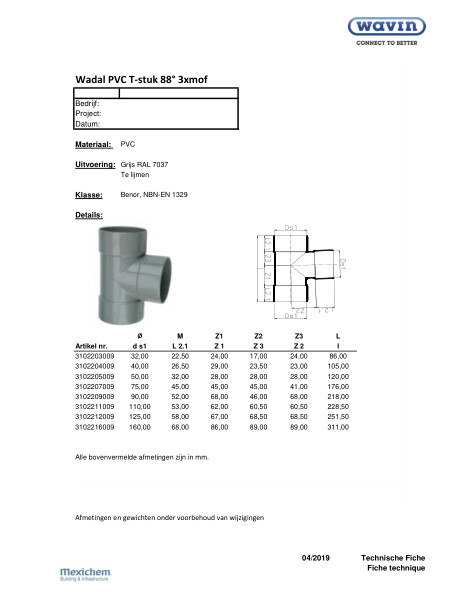 Technische fiche / Fiche technique Wadal PVC T-stuk 88° 3xmof / Wadal PVC T 88° 3xfemelle