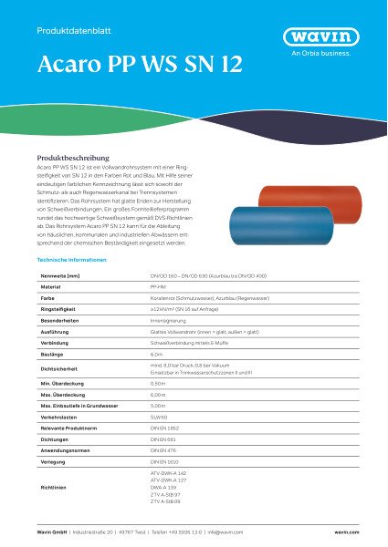 Produktdatenblatt Acaro PP WS SN 12