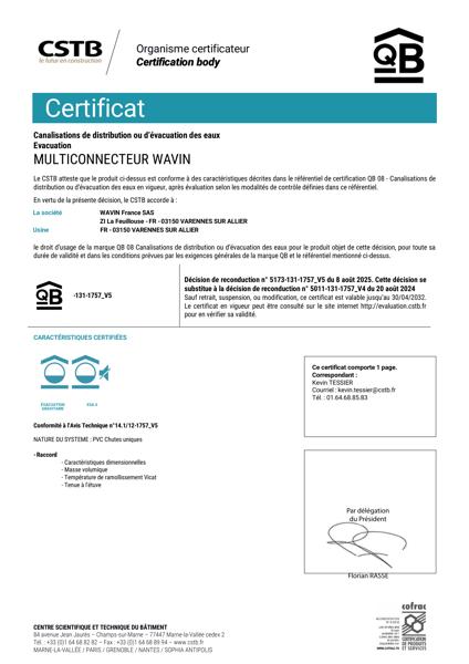 CERTIFICAT QB MULTICONNECTEUR WAVIN