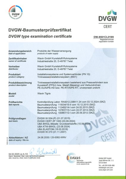 DVGW Zertifikat Wavin Tigris