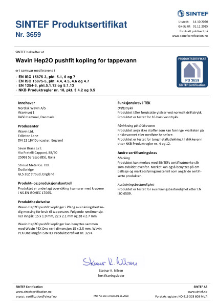 'Godkjennelse - No. 3659 - Wavin Hep2O pushfit for tappevann