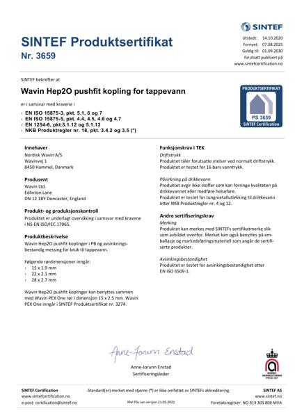 'Godkjennelse - No. 3659 - Wavin Hep2O pushfit for tappevann