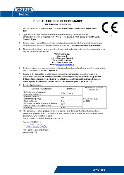 Declaration of Performance (DoP) - No. EN12566-1-PE-00KU19 - SAKO-3