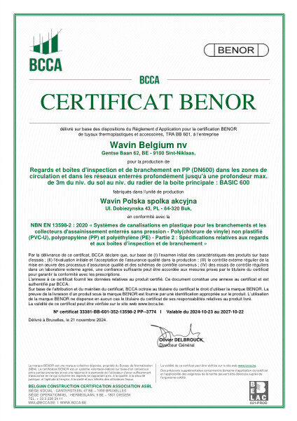 Certificat BENOR PP EN 13598-2 Regards et boîtes d'inspection et de branchement en PP BASIC 600 valable au 22.10.2027