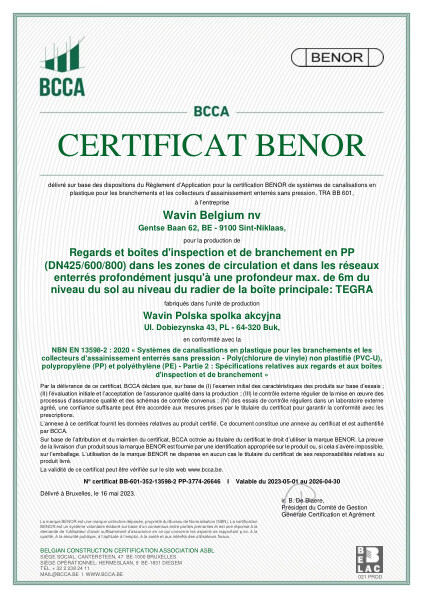 Certificat BENOR PP EN 13598-2 TEGRA 425/600/800 Buk - Valable au 30.04.2026