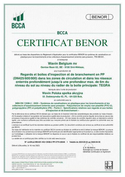 Certificat BENOR PP EN 13598-2 TEGRA 425/600/800 Buk - Valable au 30.04.2026