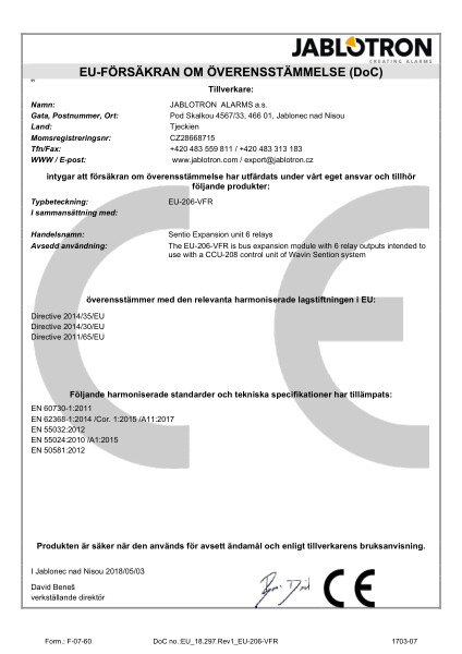 Försäkran om överensstämmelse (DoC) - Sentio expansion unit 6 relays EU-206-VFR