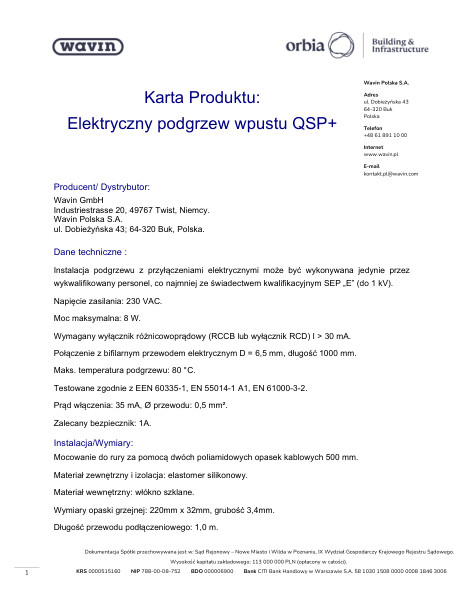 Elektryczny podgrzew wpustu QSP+_karta produktu