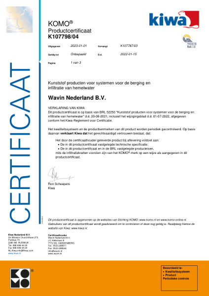 Certificaat KOMO K107798/04 Kunststof producten voor systemen voor de berging en infiltratie van hemelwater