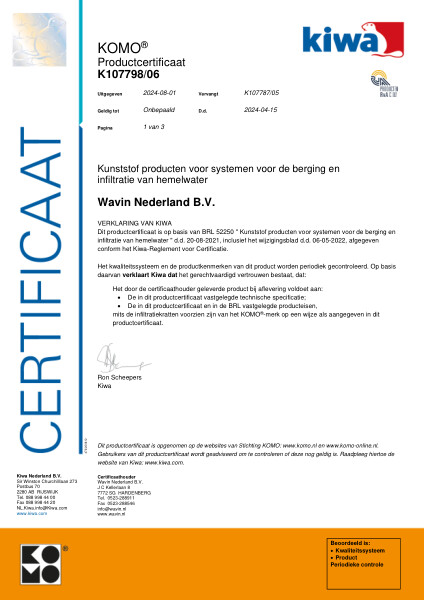 Certificaat KOMO K107798/06 Kunststof producten voor systemen voor de berging en infiltratie van hemelwater