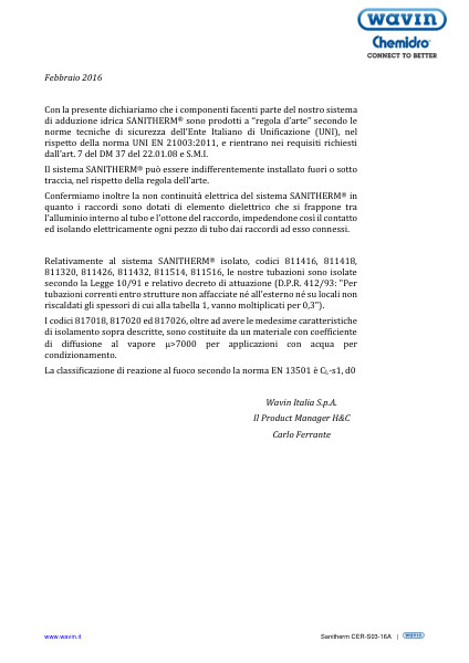 Dichiarazione di conformità Wavin Sanitherm