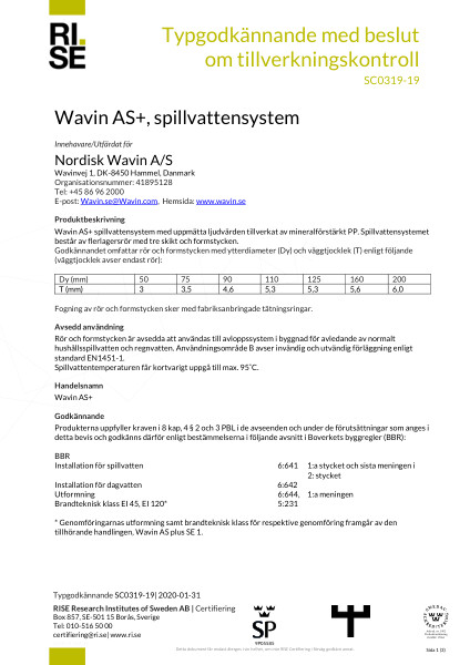 Typgodkännande - No. SC0319-19 - Wavin AS+, spillvattensystem