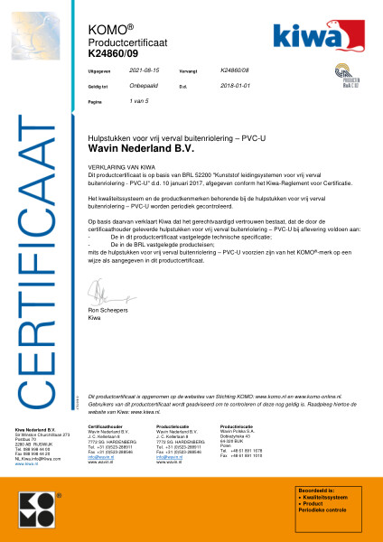 Certificaat KOMO K24860/09 Hulpstukken voor vrij verval buitenriolering - PVC-U