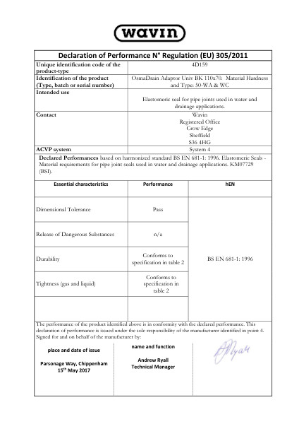 4D158 Adaptor Declaration of Performance