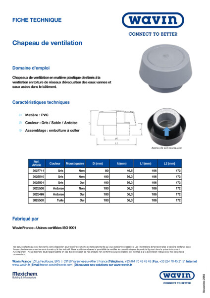 Fiche technique - Chapeau de ventilation