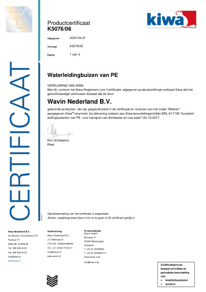 Certificaat Kiwa-ATA K5076/06 Waterleidingbuizen van PE