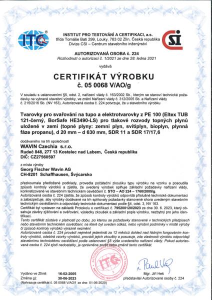 Certifikát PE tvarovky - plyn 