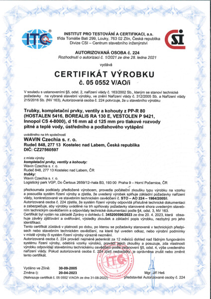 Certifikát Wavin PP-RCT voda, vytápění