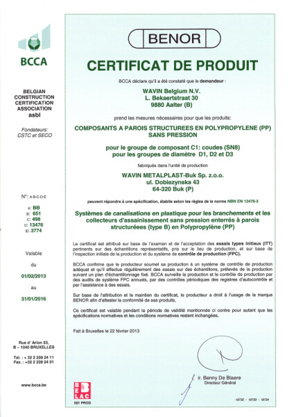 Certificat de produit PP C1 coudes