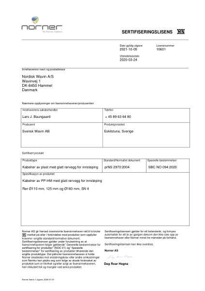 Godkjennelse - No. 10601 - Kabelrør av plast med glatt vegg for innstøping