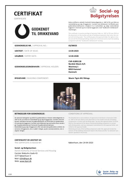 Godkendelse - No. 03/00025 - Godkendt til drikkevand - Wavin Tigris M1 fittings