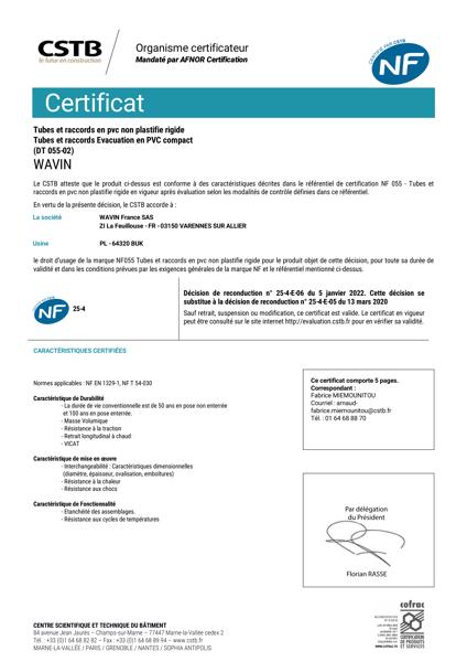 CERTIFICAT NF-E Wavin Raccords Evacuation Buk