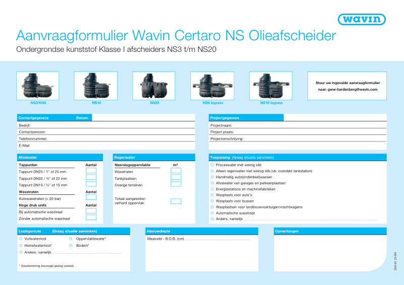 Aanvraagformulier Wavin Certaro NS Olieafscheider