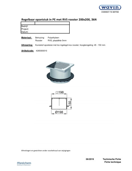 Technische fiche Regelbaar opzetstuk in PE met RVS rooster 200x200, 3kN