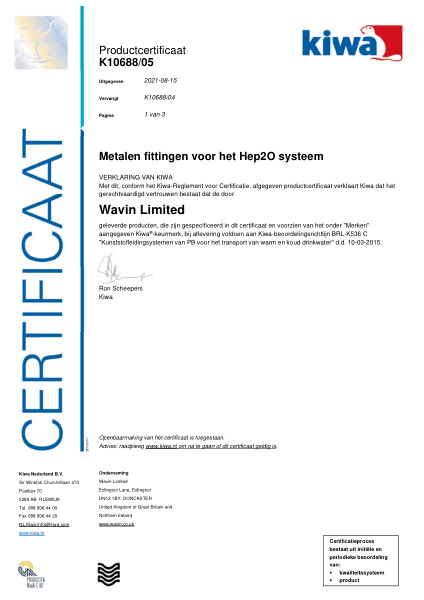 Certificaat Kiwa K10688/05 Metalen fittingen voor het Hep2O systeem