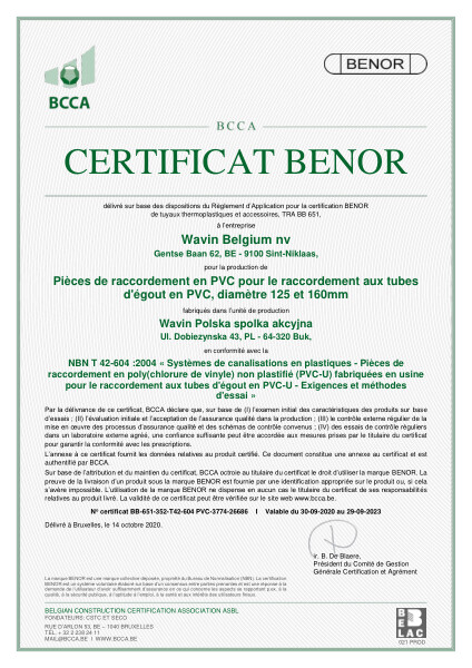 Certificat BENOR PP NBN T42-604 Pièces de raccordement en PVC pour le raccordement aux tubes d'égout en PVC - Valable au 29.09.2023